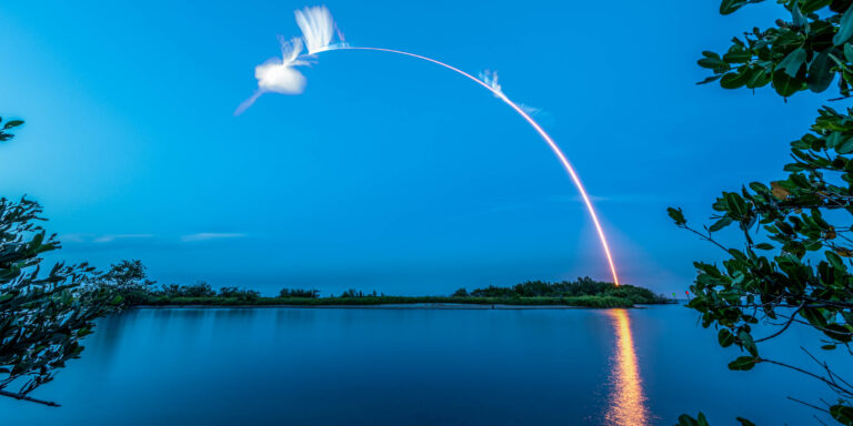 A composite image of Falcon 9 launching with CRS-25. As seen from along the shoreline of the Indian River 14 miles from LC-39A
