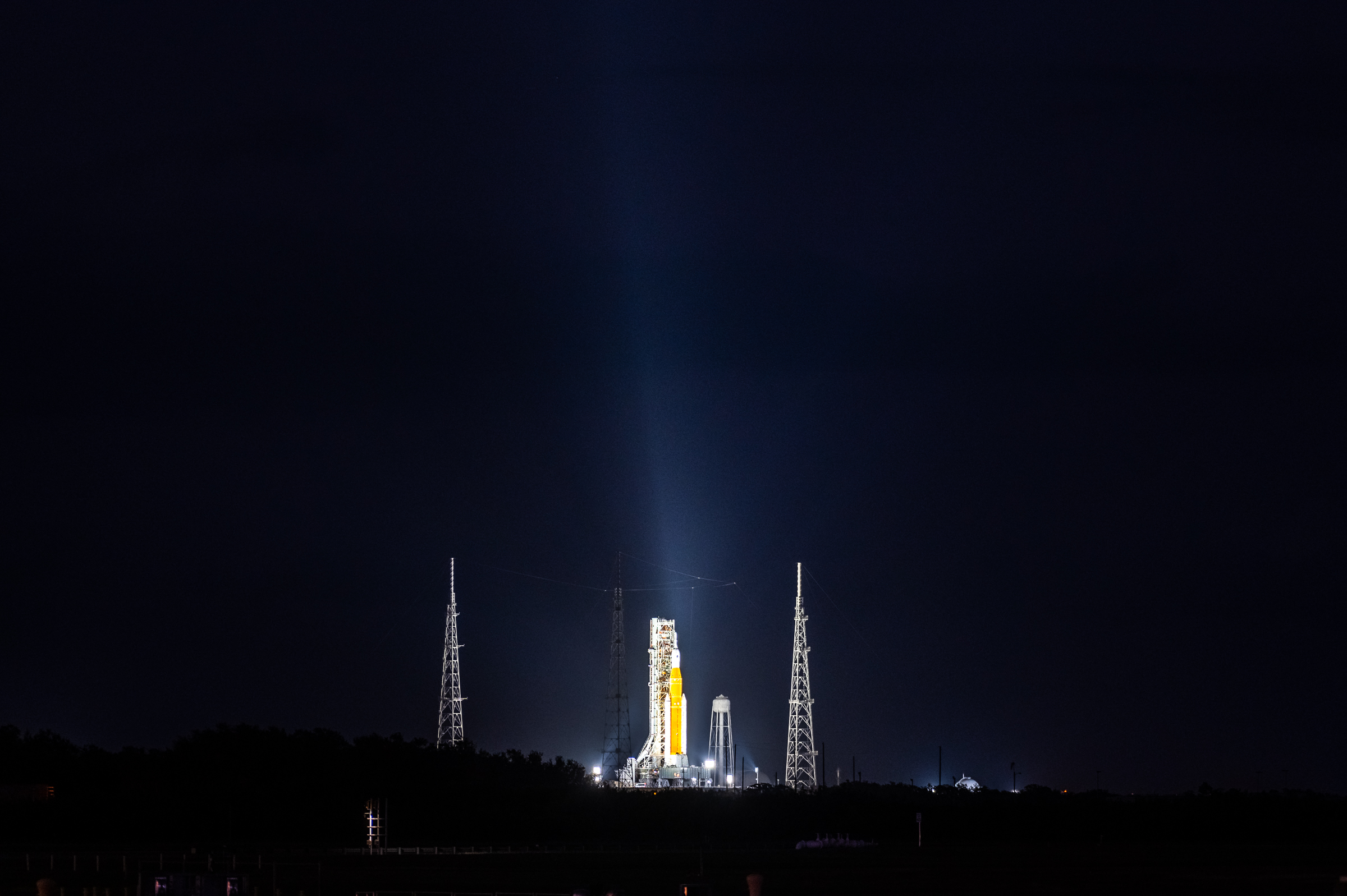 SLS on the pad at night. Seen from the KSC Press Site.