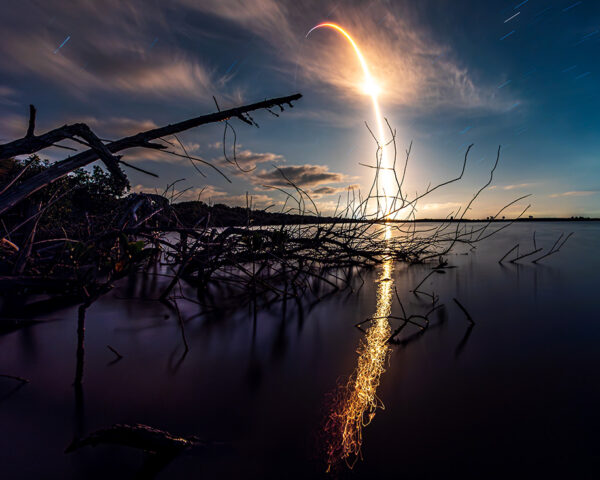 Starlink 5-9 as seen from the Mosquito Lagoon. There is dead mangroves in he water with a reflection of the rocket's exhaust streaking across the still surface in an arc reflecting the arc in the sky.