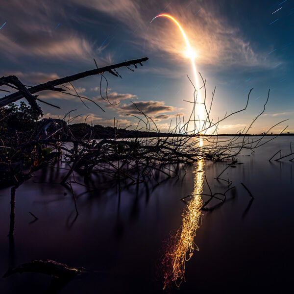 Starlink 5-9 as seen from the Mosquito Lagoon. There is dead mangroves in he water with a reflection of the rocket's exhaust streaking across the still surface in an arc reflecting the arc in the sky.