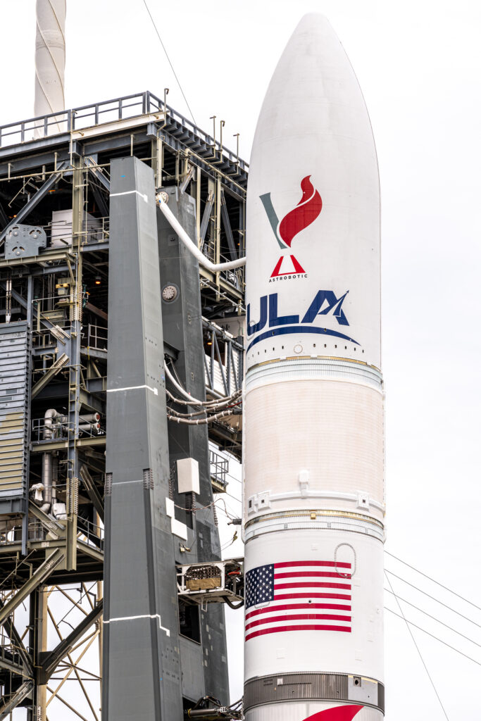 A tighter shot of the payload section of Vulcan, with ULA decals.